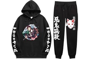 Yumenam Unisexe Survêtement 2pcs Ensemble Kimetsu No Yaiba Tanjirou Nezuko 3D Impression Manches Longues Casual Sweat à Capuche Hoodie + Pantalon Sport Outfit pour Demon Slayer Anime Fans