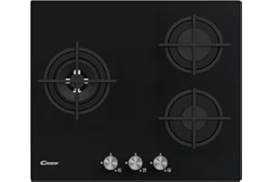 Candy Moderna CSG63B4PB, Placa Gas Natural adaptable a Gas Butano, Cristal Templado, 3 Fuegos, 60CM, Mandos Centrales, Válvula Seguridad Sicurflame,Negro