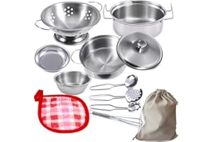 GOLCUGYJH Kids Kitchen Pretend Play Toys Accessories with Stainless Steel Cookware Pots and Pans Set, Cooking Utensils, Apron & Chef Hat (Family Edition with velvet bag)