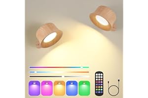 Euakee Lámpara de pared LED 2PCS, Luz de Pared de Interior con Batería de Carga USB, Lampara Pared con Control Táctil & Control Remoto, Aplique de Pared para Dormitorio Lectura (Grano de madera)