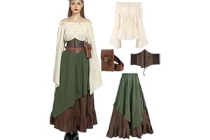 kasahara 5 Pieces Medieval Clothing Women's Set, Retro Off Shoulder Blouse Dress, Renaissance Costume, Victorian Clothing, Maxi Dressm with Corset, Belt Bag, Belt, Carnival Fancy Dress Costume