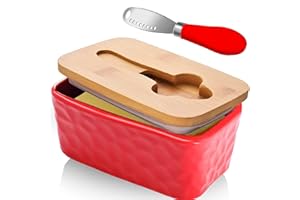 CCHONG Beurier avec Couvercle et Couteau à Beurre, Beurrier en Verre en Porcelaine, Boite Beurre, Boite à Fromage pour Frigo Anti Odeur, Beurrier Ceramique pour Beurrier 250g (Rouge)