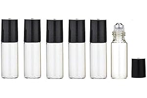 VASANA Lot de 6 mini flacons vides en verre transparent de 5 ml avec bille en acier inoxydable et bouchon noir pour échantillon de voyage, maquillage, cosmétique, baume à lèvres