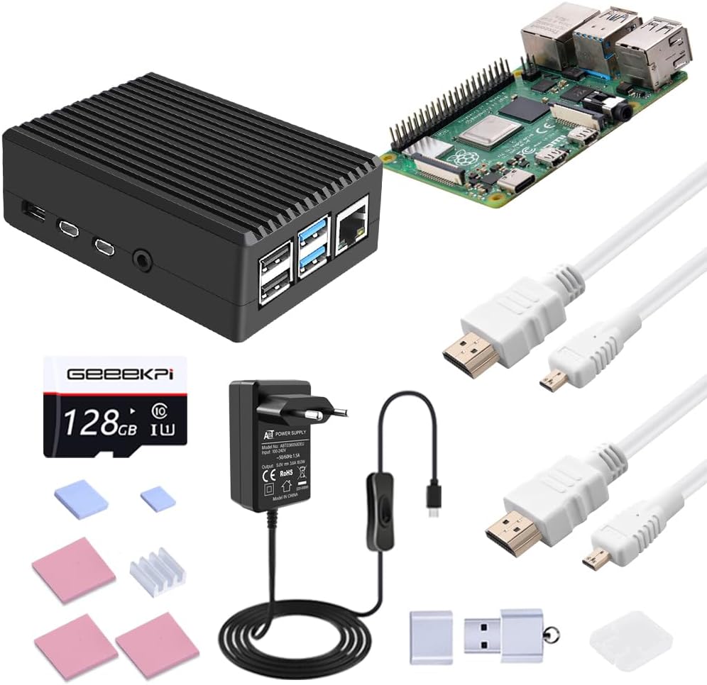 GeeekPi Raspberry Pi 4 8GB Starter Kit - 128GB Edition, Raspberry Pi 4 Passive Cooling Aluminum Case,Raspberry Pi 18W 5V 3.6A Power Supply with ON/Off Switch,HDMI Cables for Raspberry Pi 4B (8GB RAM)