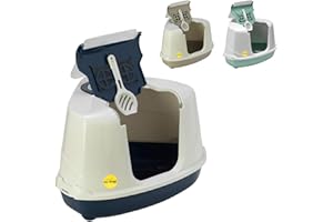 CAT CENTRE Dark Blue Large Corner Cat Flip Litter Tray Hooded Box Toilet + Scoop + Charcoal Filter Extra Deep Anti-Spillage Easy Cleaning Access Durable Flap Door Enclosed Kittens Detachable Safe Loo