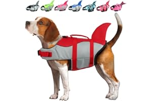 EMUST Gilet de Sauvetage Shark pour Chien, Gilet de Sauvetage Ajustable pour Chien pour la sécurité Aquatique, Gilet de Sauvetage pour Animaux de Compagnie avec poignée de Sauvetage(L,Rouge)
