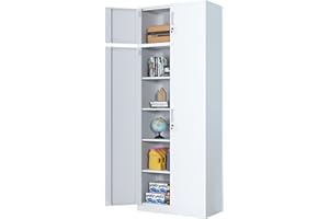 iJINGUR Metal Storage Cupboard with Locking Doors and 4 Adjustable Shelves, Extra Tall Lockable Steel Storage Cabinets for Home Office Garage Kitchen Pantry (White)