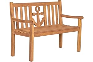 ‎MR. DEKO MR. DEKO Sitzbank aus Teakholz | Gartenbank wetterfest mit Motiv 2 Sitzer | Holzbank Outdoor für 2 Personen | Gartenmöbel Balkonmöbel | Rückenlehne Martimer Anker | 120x60x94cm | Garden Bench Wood