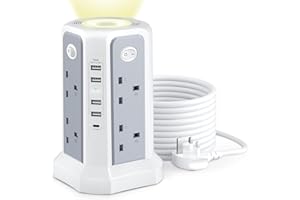 STGAROT Tower Extension Lead with USB Slots and Night Light, 20W USB C Fast Charger, (13A 3250W)5 USB Ports & 8 Way Extension Tower, Surge Protected Extension Lead with 4 Switches, 3M Extension Cable