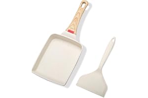 OulQinyhome Antiaderente Padella per Tamagoyaki con Spatola in Silicone, Padella per Omelette Giapponese con Manico Rimovibile per Tutti i Fornelli, 18.5 x 15 cm (Beige)