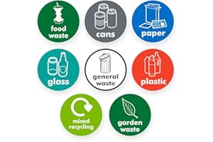 BLOSSOM PRINT Recycling stickers for bins - Pack of 8 mixed recycling signs - 100mm diameter - Self adhesive vinyl labels