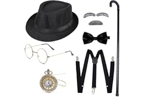 Gionforsy 20er Jahre Herren Kostüm Accessoires Set Gatsby 1920s Mafia Zubehör Set mit Hut Brille Hosenträger Fliege Taschenuhr Stock Bart für Great Gatsby Party Halloween Karneval Fasching