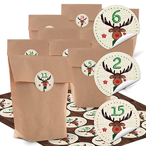 Download '24 Marron Sacs Papier (14 x 22 x 5,6 cm) et 24 ronds autocollants 4 cm Cerf pour enfants pour le Superbe Calendrier de l'Avent soi-même manuels?; Qualité 1 A.