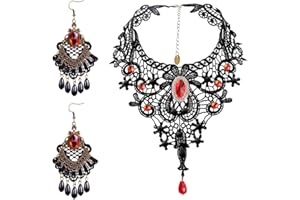 Huture 3 Stk Gothic Choker Halskette Ohrringe Set, Gotisch Spitze Halsband Kette, Vintage Punk Ohrstecker, Retro Vampir Victorian Schmuck für Halloween Ostern Party Dekoration, Stil 2