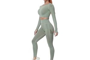 JOJOANS Gym Sets for Women 2 Piece Seamless Tracksuit Workout Yoga Outfit Loungewear Long Sleeve Crop Top High Waist Leggings