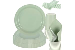 CEILIWEN Set di piatti di carta verde, tovaglioli e bicchieri, 125 pezzi, set di stoviglie per feste verde verde include piatto di carta da 22,8 cm, piatto da dessert da 17,8 cm, tovaglioli, tazze