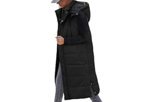 Vancavoo Women's Long Quilted Gilet Ladies Sleeveless Zip Up Hoodies Warm Jacket Vest Longline Thick Padded Waistcoat Winter Wear Side Split Puffer Long Body-Warmer Coat with Pockets