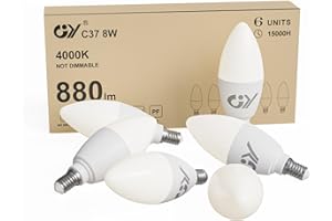 GY Żarówka LED E14 8W (odpowiednik 80 W), 880 lumenów 4000K Neutralna biel, C37 Żarówka E14 Wydajność energetyczna, E14 LED Kąt wiązki 280° Nieściemnialny, zestaw 6 szt