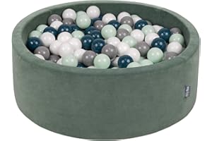 KiddyMoon Soft Ball Pit Round 90X30cm/200 Balls ∅ 7Cm / 2.75In For Kids, Foam Velvet Ball Pool Baby Playballs, Made In EU, Forest Green:Dark Turquoise/Grey/White/Mint