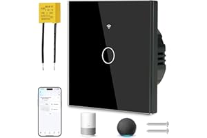 proAMEDEN Interruptor de luz inteligente WiFi 1/Gang NO NECESITA NEUTRO, panel de vidrio, interruptor táctil WiFi 2,4 GHz, control remoto Smart Life/Tuya, funciona con Alexa, Google Home, Negro[1pc].