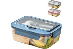 BRYN 1400ml Porta Pranzo Ermetico, Lunch Box Microonde, Portapranzo con 3 Scomparti e Posate, Bento Box per Picnic, Campeggio, Fitness, Scuola, Uffici （Blu）