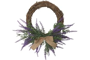 Warooma Artificial Spring Lavender Wreath with Bow,32.5cm Purple Flower Garland Farmhouse Arrangements Front Door Hanging Wall Home Wedding Decoration