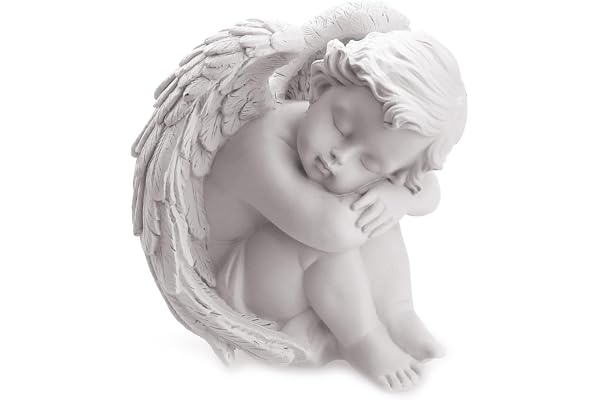 TEMPELWELT® Dekorativ ängelfigur som sitter sovande, 12 cm, i vit polysten, vacker ängelfigur, skyddsängel, barn, ängel, dekoration, drömmande ängel