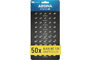 ABSINA 50-pack med blandade knappbatterier - 10x AG1 LR621, AG4 LR66, AG10 LR1130 / 15x AG3 LR41 / 5x AG13 LR44 - Blandade kn