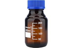 Labasics Bottiglie di Stoccaggio per Reagenti, 1 Confezione di Bottiglie Tonde Graduate in Vetro Ambrato con Tappo a Vite Blu per Stoccaggio Reagenti da Laboratorio, 250 ml
