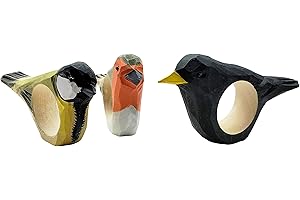 your castle 3er Set Serviettenringe Vögel: Amsel, Meise und Rottkelchen aus Holz handgeschnitzt und handbemalt, ca. 11x6x2 cm