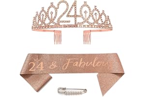 Ceqiny 24 cumpleaños banda y tiara, corona 24 juego de corona de cumpleaños de oro rosa, corona de cumpleaños de oro rosa, banda decorativa de cumpleaños para niñas y mujeres, accesorios de fiesta de