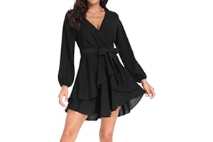 PCEAIIH Women's Casual Dresses Short/Long Sleeve Empire Skater Dress Deep V-Neck Waist Tie Ruffle Mini Swing Dresses