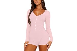 LACOZY Women's Long Sleeve V Neck Rompers Sexy Fall Y2k One Piece Shorts Jumpsuit Bodycon Pajama Set Gym Bodysuit