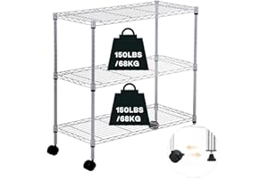 Actask 3-Shelf Shelving Unit on Wheels with Height-Adjustable Shelves and Levelling Feet, Free Standing Shelves Units for Storage with 3 Tier Wire Metal Rack - 450LBS (204KG) Max Weight, Chrome