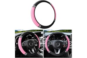 CGEAMDY Auto-Lenkradbezug, Leder Bestickte Farbe Diamantbesetzte Elastische Lenkradabdeckung, Anti Rutsch Universal Auto Lenkradhülle, Für Alle Jahreszeiten (Rosa)