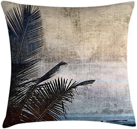 fringcoook Hawaiian Throw Pillow Cushion Cover, Palm Tree Leaves on Grunge Background with Sea Vintage Waterscape Illustration, Decorative Square Accent Pillow Case, 18 X 18 Inches, Beige Navy