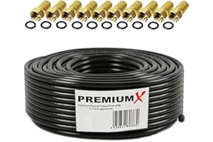 Premium X Profesional Set de Cables Coaxiales 25m – Cable Satelital Negro | Cobre Puro | Cable de Antena Blindado de 4 vías | Incluye 10 Conectores F-Admite 8K, 4K UHD y 3D para Sat, Cable, DVB-T