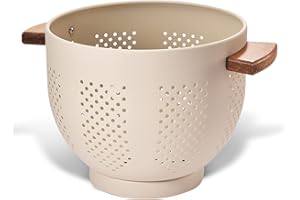 BEIFEIER Scolapasta in metallo con manico in legno, verniciato a polvere, 22 cm, colino da cucina grande con base stabile, perfetto per pasta, frutta, verdura (Giallo Sabbia Opaco)