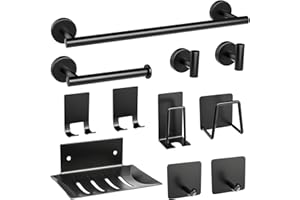 Sarmeley Black Towel Rail 11 Pieces Stainless Steel Towel Holder Toilet Roll Holder for Bathroom Kitchen Towel Rack Hooks Bathroom Accessory Set