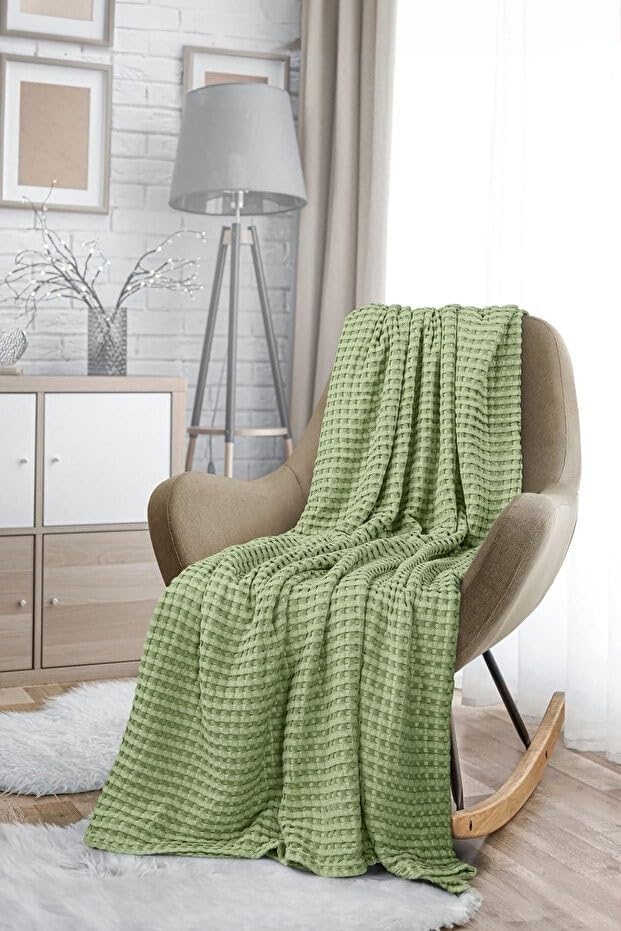 TeksNil Home%100 Pamuk Waffle Desen Tek Kişilik Yeşil Pike Yatak Örtüsü 160X230 Çok Amaçlı Örtü