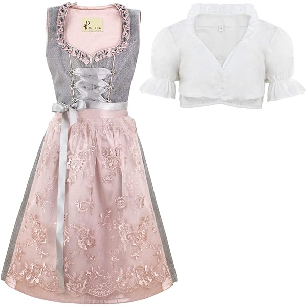Dirndl Mädchen Set Grau-Rosa - Traditionelles Bayerisches Trachtenkleid Mit Bluse & Schürze Gr.110-160