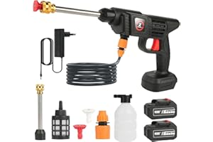 PUROVA Hidrolimpiadora Bateria, 21V MAX 35Bar Hidrolimpiadora de Alta Presion, Press & Clean Pistola Lavado con Baterías, Jarra de Espuma, Manguera de 5m, de para Coche, Césped (con 2 Batería de 6000 mAh)