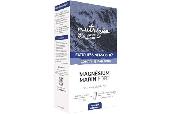 NUTRIGÉE - Magnésium Marin Fort - Équilibre - Anti-Fatigue - Réduit la Fatigue, Favorise Équilibre Psychique et un Système Nerveux Normalisé - 60 Comprimés - Programme de 60 Jours - Fabriqué en France