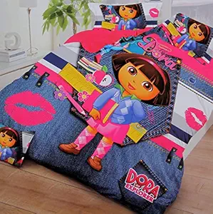 Kids Cartoon Glace Cotton Single Bedsheet with 1 Pillow Cover.(Dora)