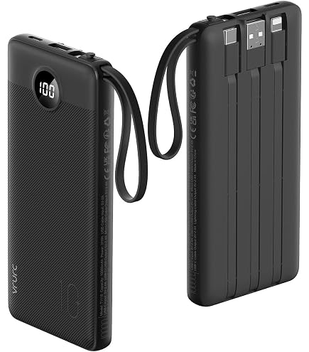 13000mAh Power Bank Mit 2 Kabeln – PD Schnellladung, 20W, LED-Anzeige, Für IPhone & Android, Schwarz