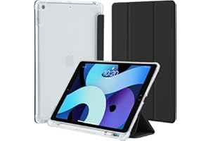 4UBonLife Custodia per iPad 9a/8a/7a Generazione 10,2 Pollici 2021/2020/2019 con portapenne, Sottile Leggero Cover Case Retro Traslucido in Morbido TPU Auto Svegliati/Sonno, Nero