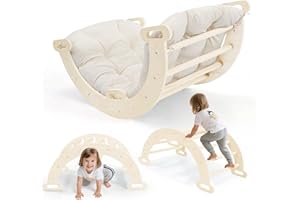 STYPLZ 2 in 1 Arco da Arrampicata con braccioli, Arrampicata bambini in legno con cuscino, legno naturale, tappetino per i piedi antiscivolo, rinforzi delle staffe, Arco Montessori per bebè 1-6 anni