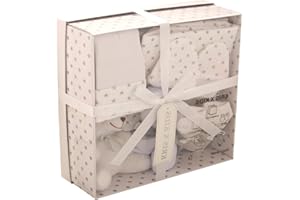 BEE BO Newborn 7 Piece Luxury Boxed Gift Set, each box contains 1 x Teddy, 1 x Hat, 1 x Pair of Mittens, 2 x Wash Cloths, 1 x Pair of Socks and 1 x Burp Cloth