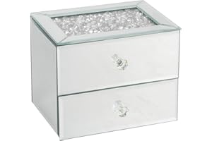 DEENZ SILVER CRUSHED DIAMANTE MIRRORED GLASS JEWELLERY BOX EYE CATCHING DESIGN BLACK VELVET INLAY TRINKET BOX MIRRORED STORAGE BOX 2 AND 3 DRAWERS (TWO DRAWER)