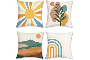 Bonhause Abstrakcyjne poszewki na poduszki w stylu boho 45 x 45 cm, zestaw 4 szt., tęczowe słońce i góry, dekoracyjne poszewki na poduszki, miękkie, aksamitne poszewki na poduszki, na sofę, kanapę,